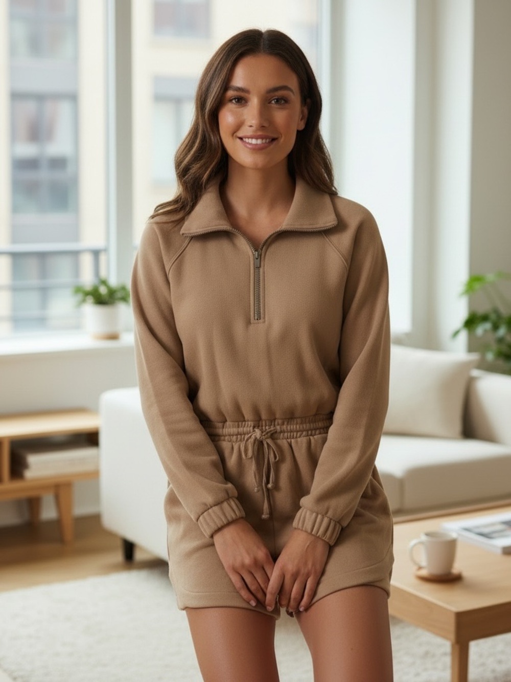 Express Taupe Zip-Front Long Sleeve Romper